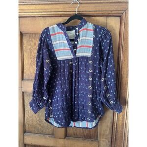 Ace & Jig Womens Cotton Metallic Plaid V-neck Royal Folk Blouse Top Size XS